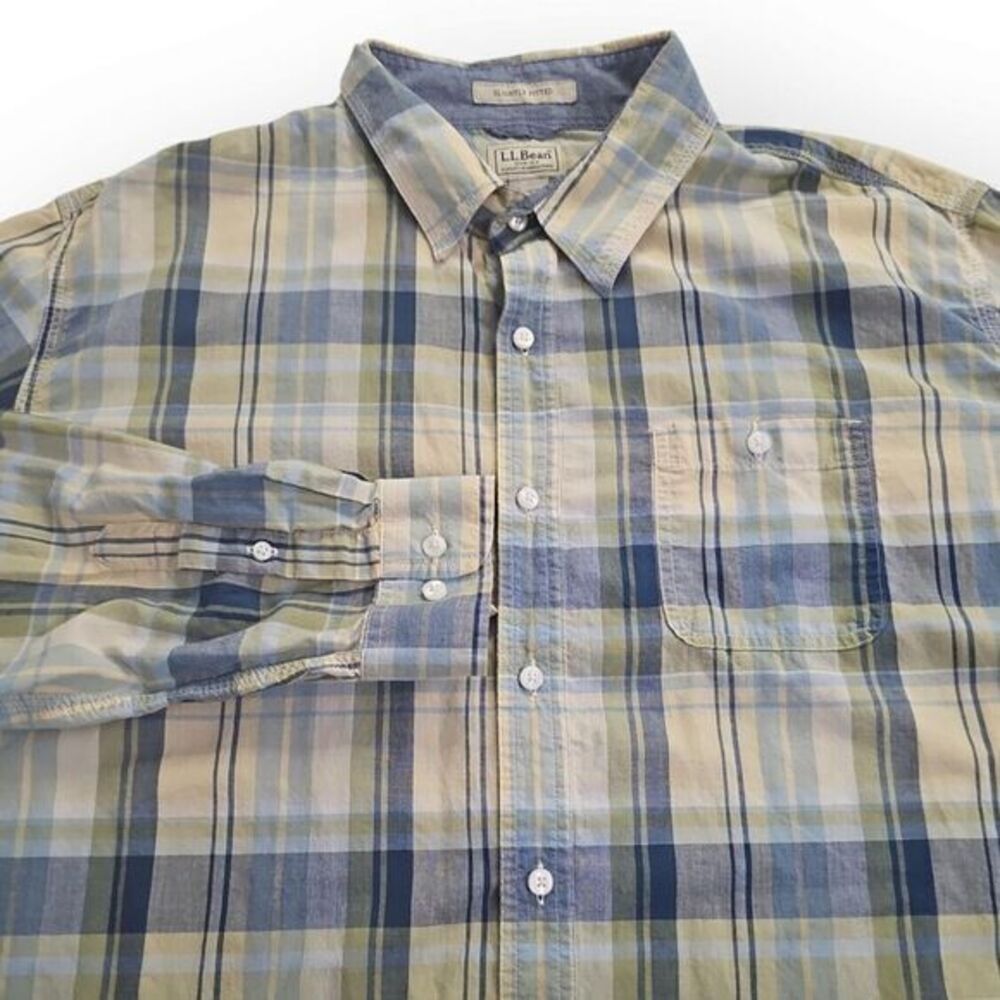 LL Bean Slightly Fitted XXL-REG‎ 2XL Yellow Navy Plaid Lightweight Cotton Shirt